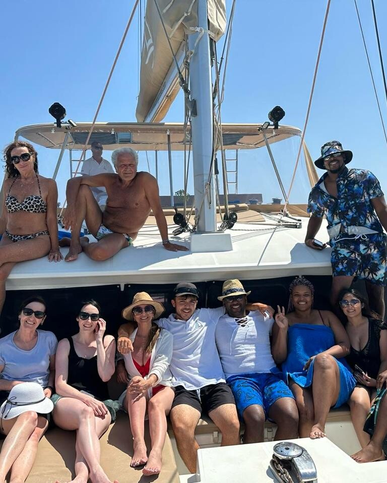 Friends on Catamaran Boat tour in Santorini